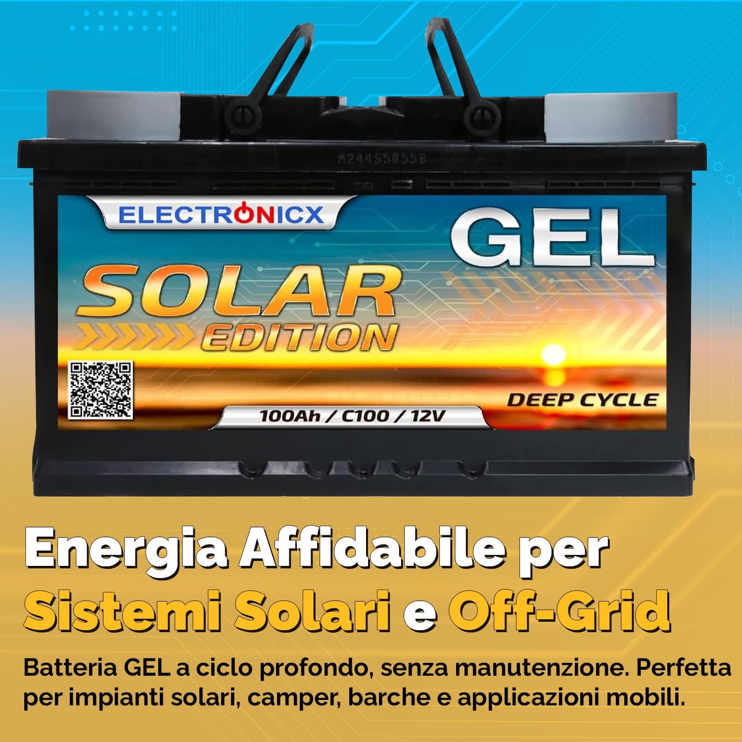 Electronicx GEL Solar Edition 100Ah 12V Batteria di alimentazione – Batteria GEL 100 Ah 12 V Deep Cycle – senza manutenzione, sigillata, per uso interno – 353 × 175 × 190 mm