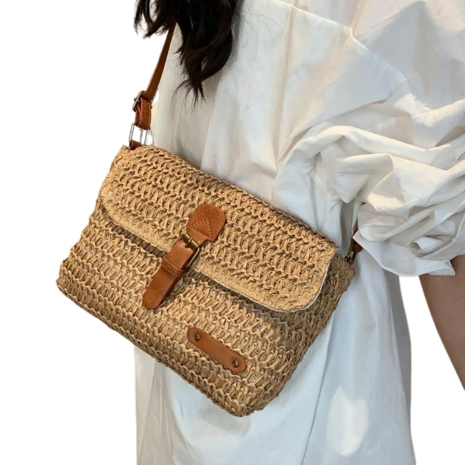 Beauty Case Borsa A Spalla di Paglia Tessuta Donna Crossbody Leggera Viaggio Spiaggia Estiva Elegante-Beige