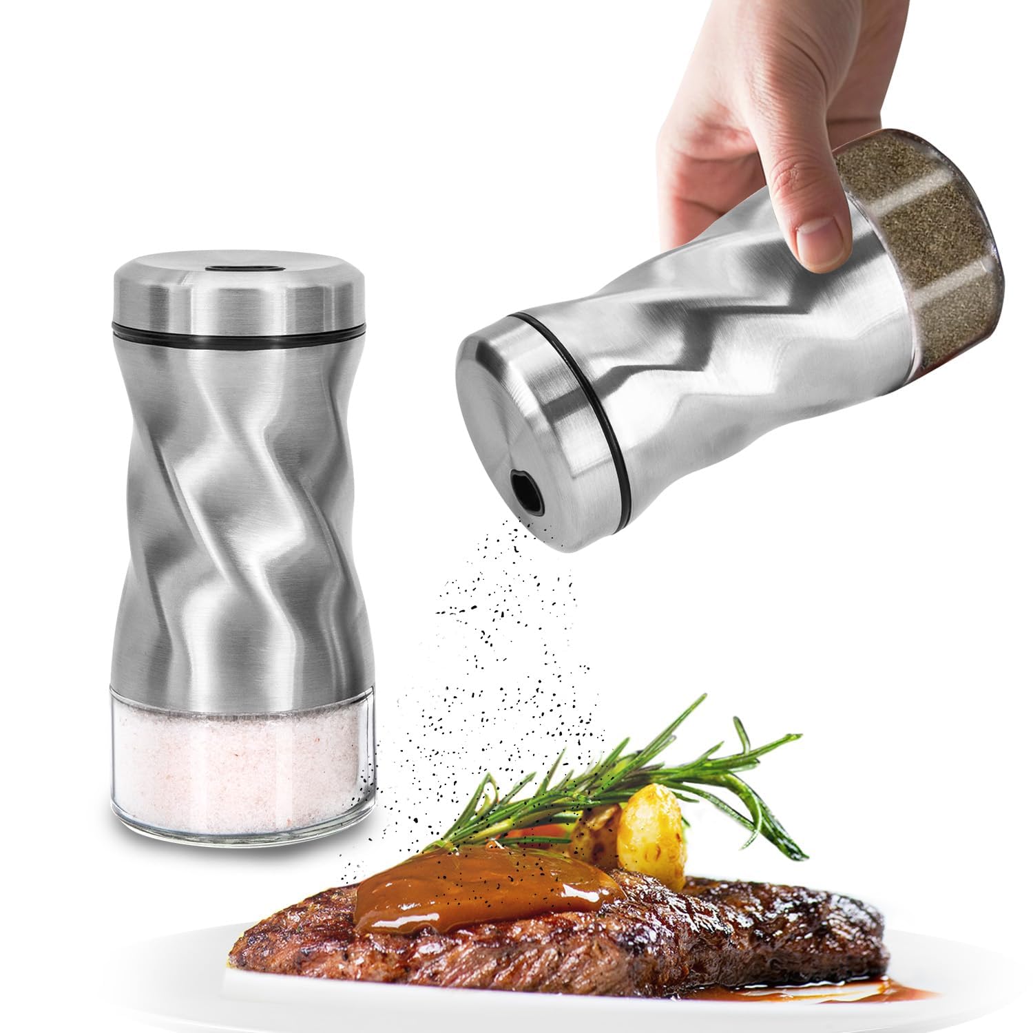 NEODACO - Juego de salero y pimentero moderno de vidrio de 4 onzas con tapas de acero inoxidable para utensilios de cocina, mesa, caravana, campamento, ideal para Himalaya, kosher, pimienta blanca y