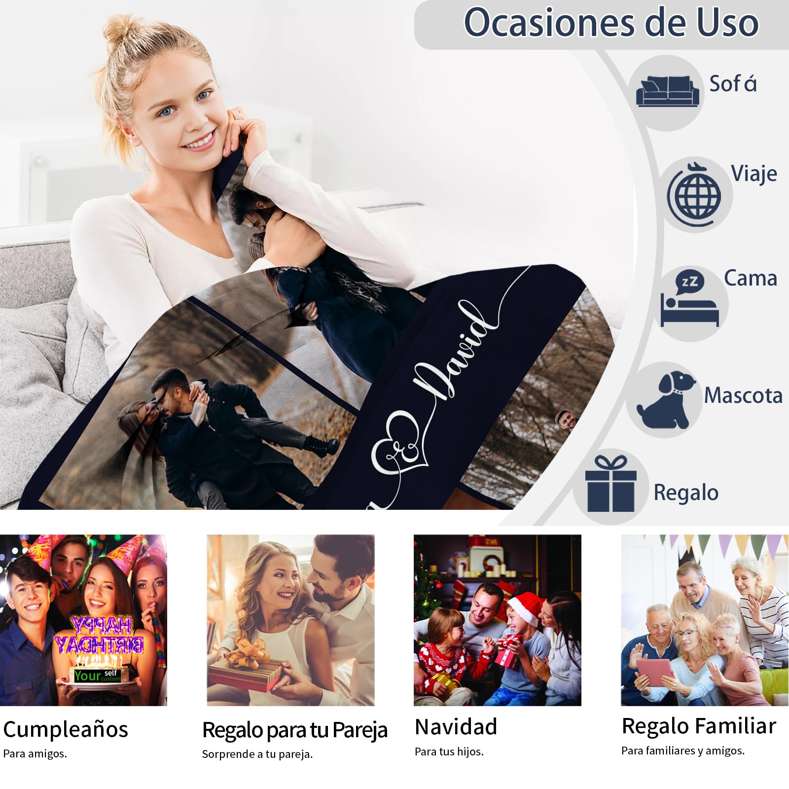 Haz un Regalo HD para tu Pareja: Manta de Franela Personalizada con Foto y Texto, Detalle Confortable para Hombre, Mujer o la Familia(150x200cm)