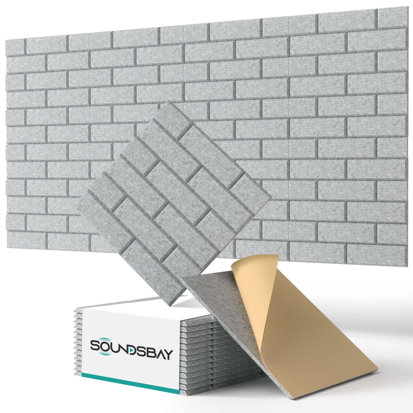 Soundsbay Pannelli acustici autoadesivi, 12 pezzi, isolamento acustico, da parete ad alta densità, tipo di mattoni, per trattamento acustico e decorazione da parete, 30 x 30 x 0,9 cm (grigio)