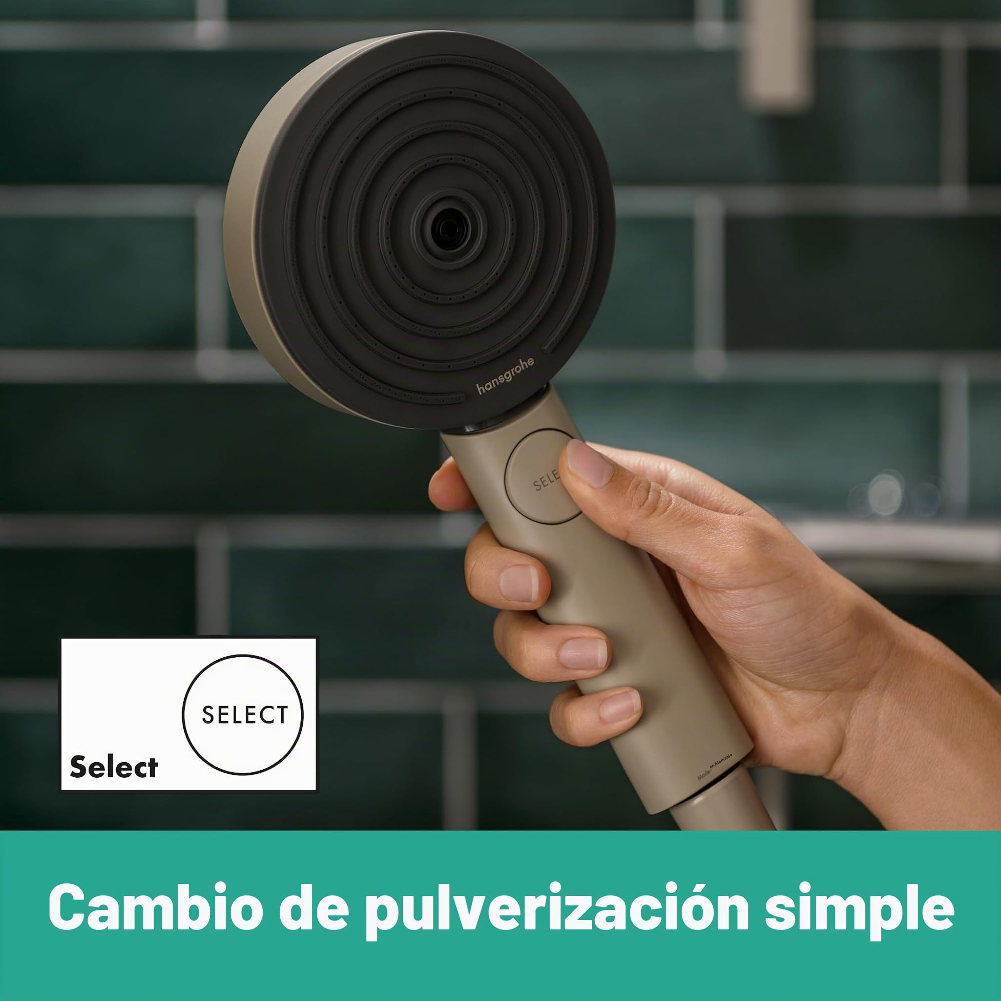 hansgrohe Pulsify Planet Edition - ducha de mano ahorro de agua 5,7 l/min (EcoSmart+), alcachofa de ducha con 3 tipos de chorro (Relaxation), cabezal de ducha redondo (⌀ 105mm), arena, 26077210