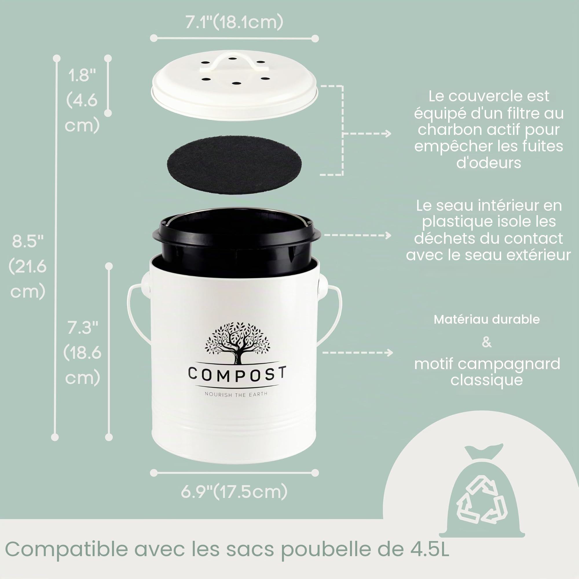 Perfnique Bac à Compost de Cuisine, bac à Compost de comptoir de 5 litres avec Couvercle, Seau à Compost intérieur avec Doublure intérieure et Filtre à Charbon, Petit bac à Compost