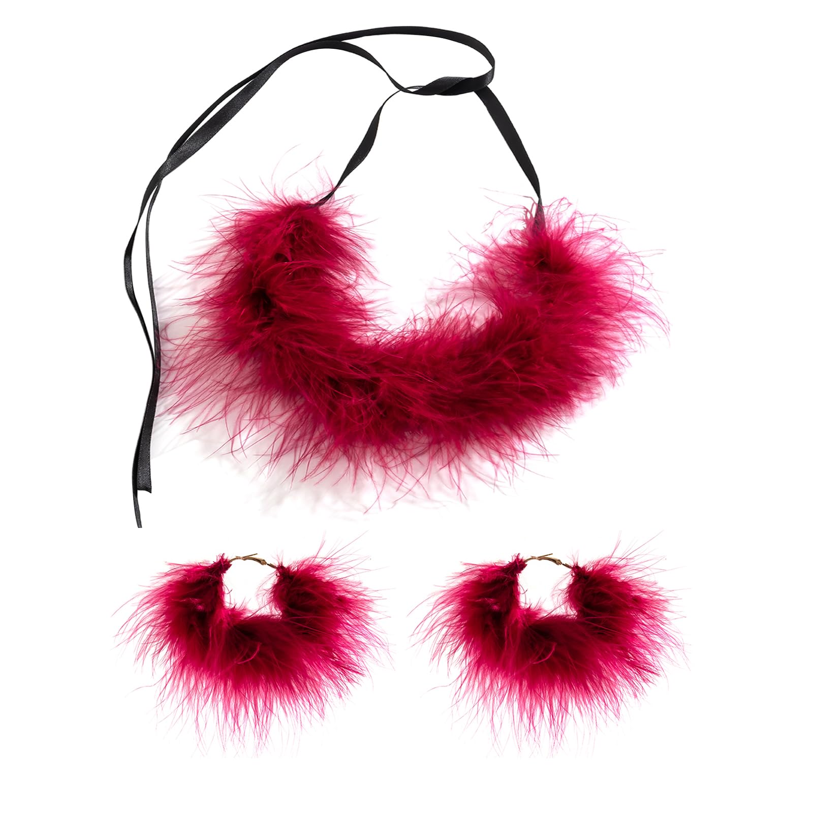 Feather Ribbon Choker Earrings Bracelet Set for Women Night Party Black/White/Wine-Red Soft Feather Adjustable Length Rave Outfit Accessories