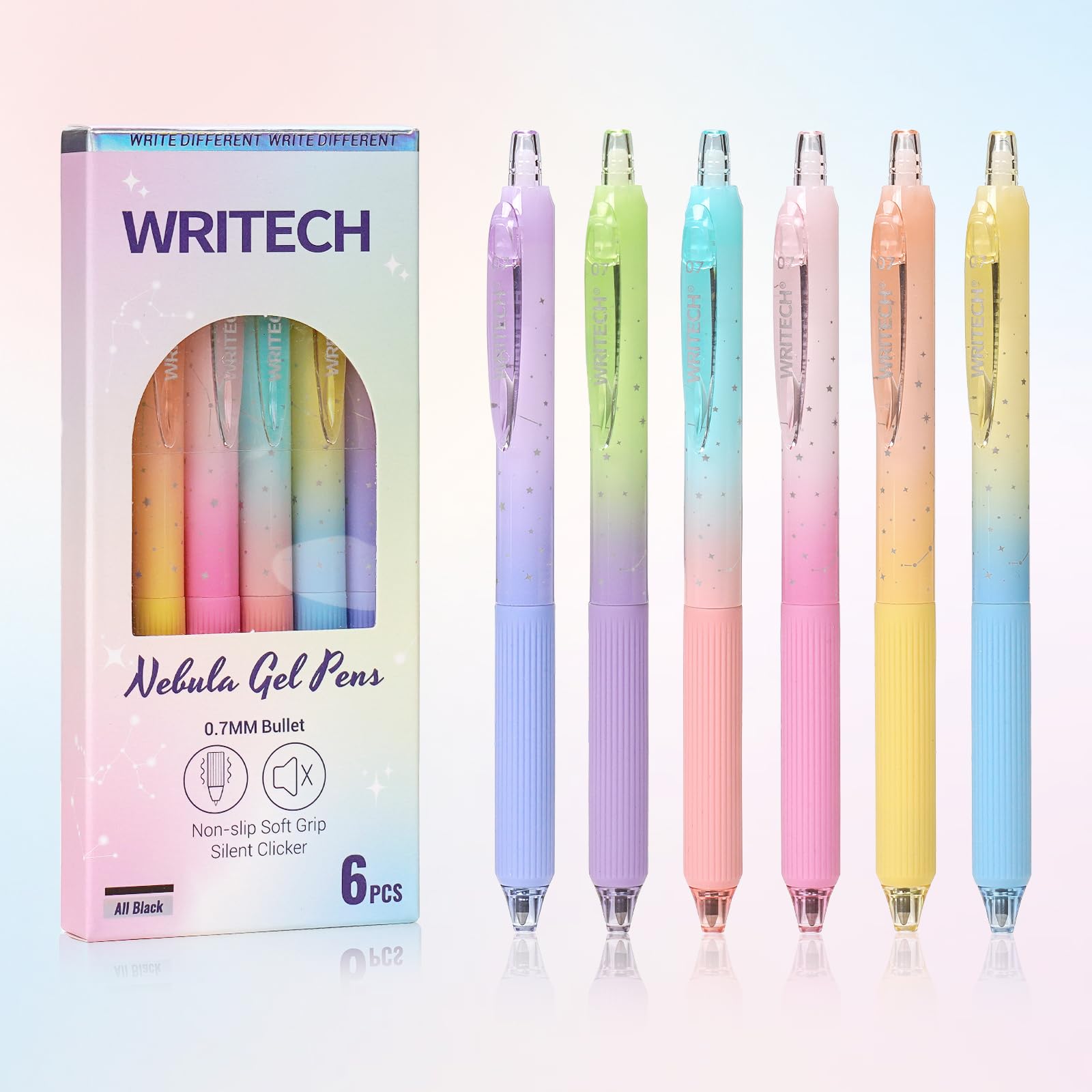 WRITECH ゲルペン 細字:0.7mm ブラックインク ノック式 6ct 滑らかな書き込み 美しいグラデーションカラーバレル ジャーナリング メモを取る サイレントクリック にじまない星雲ペンセット