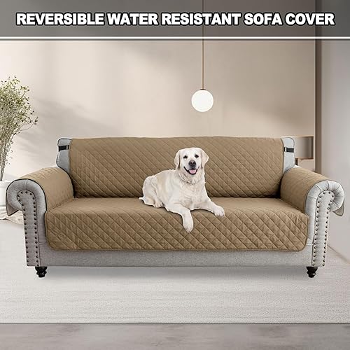 Miniatura 2 de Funda de sofá reversible para perros y gatos, funda impermeable para muebles para mascotas y niños, protector de sofá con correas elásticas (caqui,