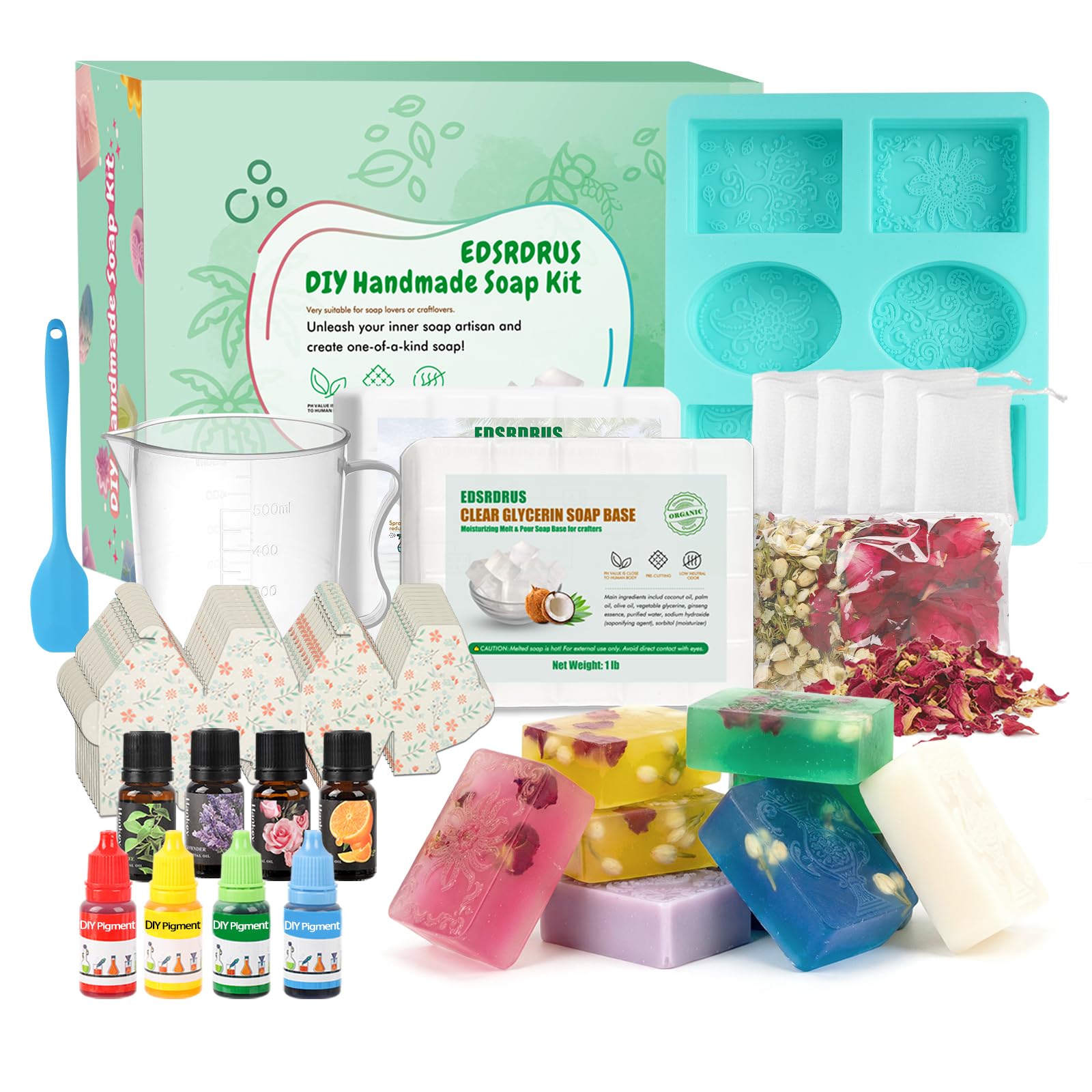 EDSRDRUS DIY Soap Making Kit Supplies for Beginners for Adults – 2lbs Melt and Pour Soap Base, Flowers, Molds, Essential Oils, Pigments, 10 Gift Boxes & Bags Included!