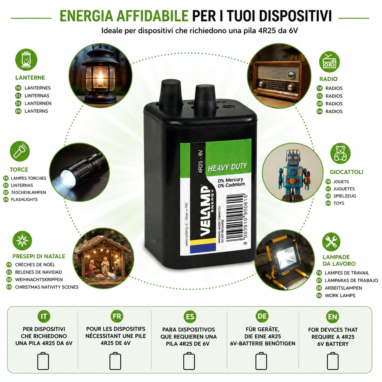 Velamp Bateria kwadratowa 4R25 cynkowy węgiel, 6 V. do latarek, latarek, latarek ulicznych, DIY, hiperodporny korpus ABS, 6 V
