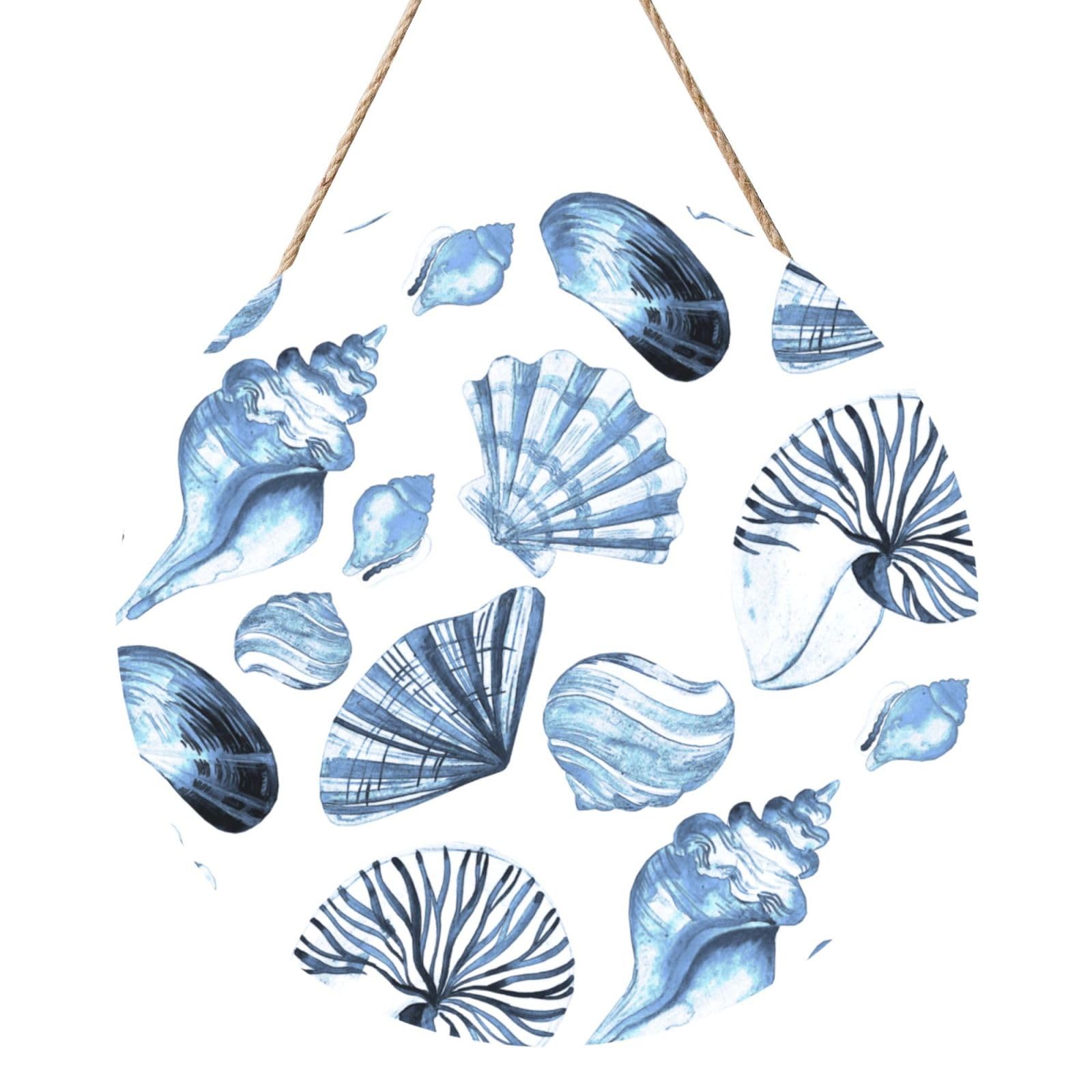 InOmak Blue Seashells Pattern On White, Round Wood Panel Painting 12 in, Wall Hanging Painting For Home