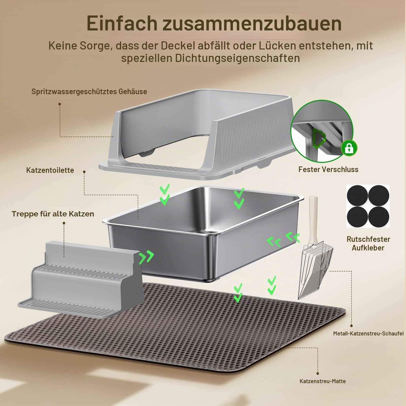 PKBD XXL Katzenklo Edelstahl, 60x40x30cm, 32L mit Abnehmbarer Abdeckung und Auslaufsicherer Hoher Rand, Offenes Katzenklo mit XL-Matte, Metallschaufel und Filterpedal, Leicht zu Reinigen