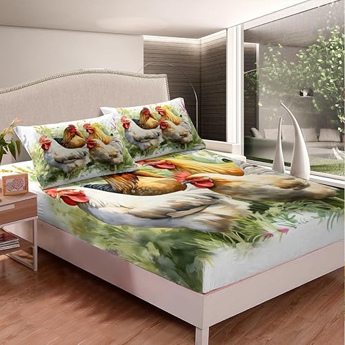 Miniatura 4 de Juego de sábanas rústicas de pollo para niños y niñas, sábanas de gallo en acuarela, juego de ropa de cama de animales de granja, sábana bajera