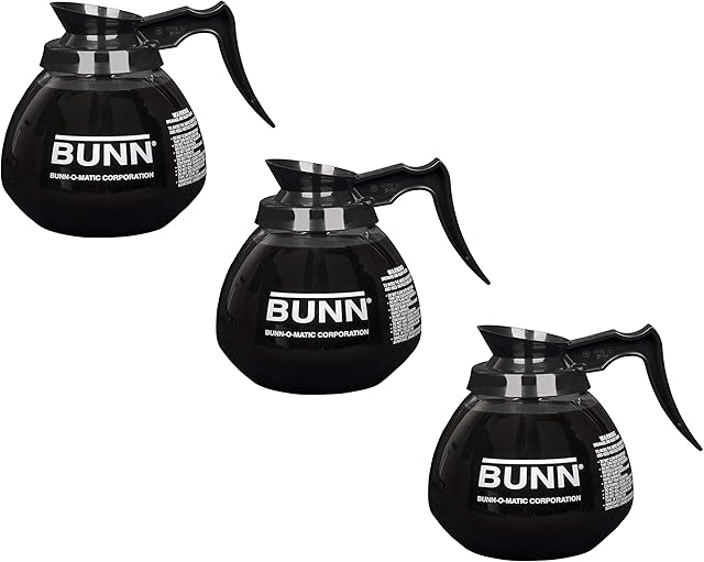 BUNN Coffee Pot Decanter/Carafe Black Regular - New Glass Design Shape - Ergonomic Handle - 12 Cup Capacity (Pack of 3)