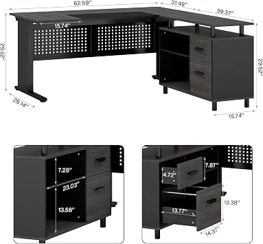 Tribesigns 63 Inch Executive Desk with File Cabinet, L Shaped Office Desk with Drawers and Storage Shelves, Business Furniture Set Workstation for Home Office, Gray and Black