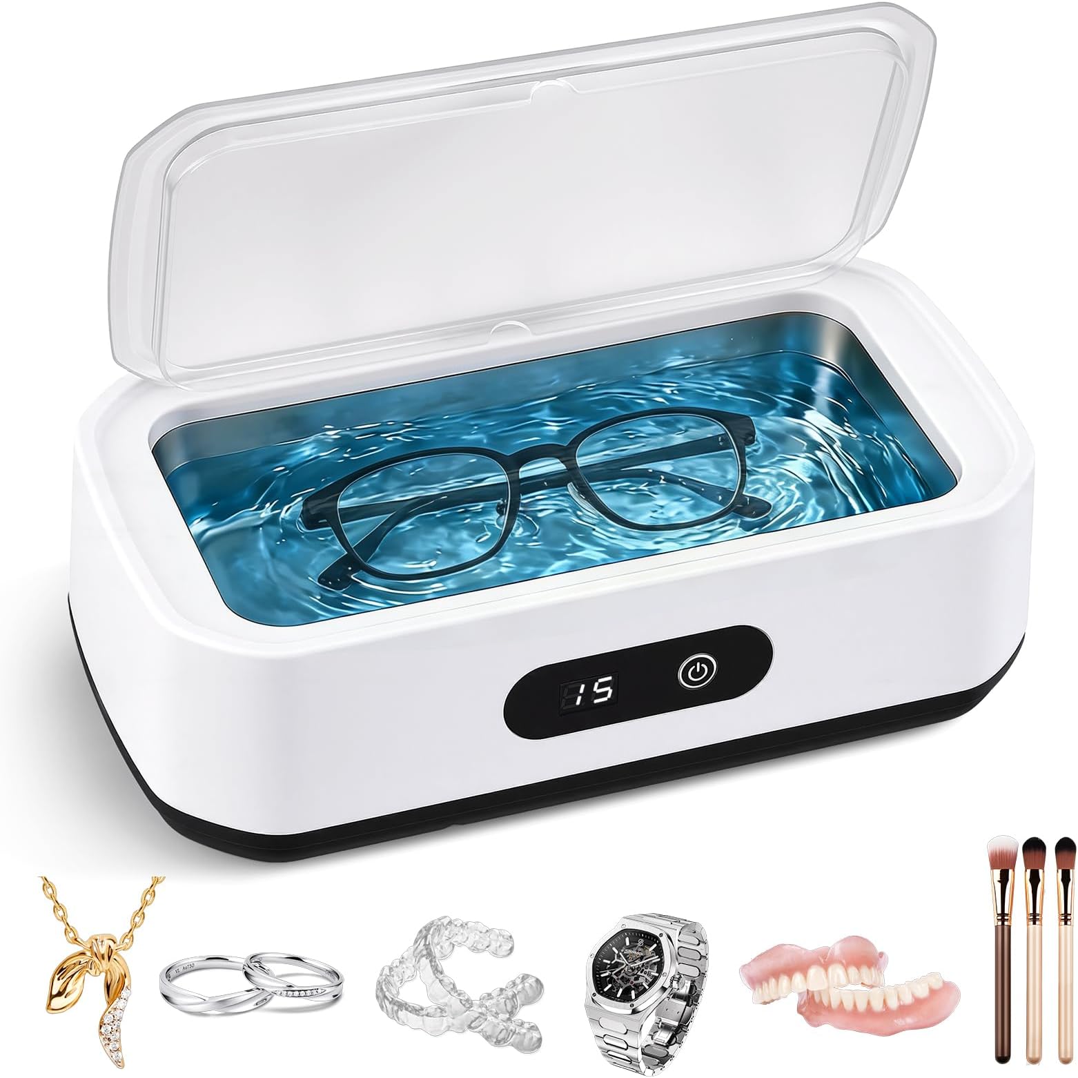 650ml Ultrasonic Retainer Cleaner with UV Sterilisation, 49kHz Professional Jewelry Cleaner Machine for Dentures, Glasses, Watches, Rings, 5 Timers, Touch Control, Portable Sonic Cleaning Kit