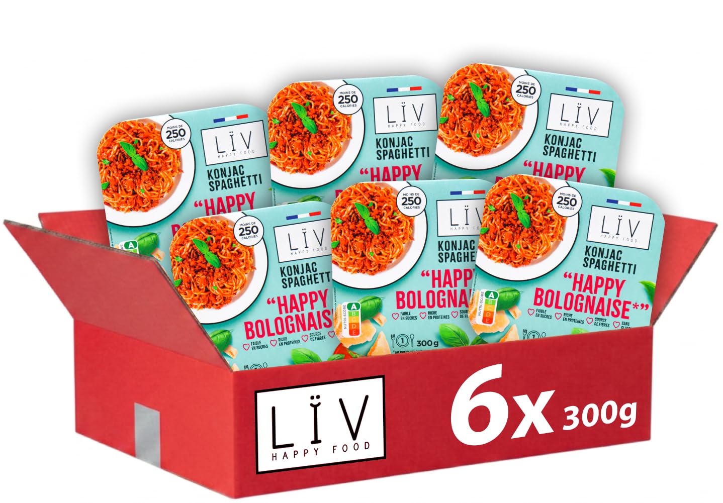 LïV Happy Food – Plato individual Happy Boloñesa con Konjak Sghetti, pasta sin gluten, planta konjak, sin gluten, baja en calorías, 6 x 300 g