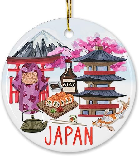 2024 Handmade Japan Landmarks Ceramic Christmas Ornament, Ideal Travel Holiday Keepsake, with Red Satin Ribbon