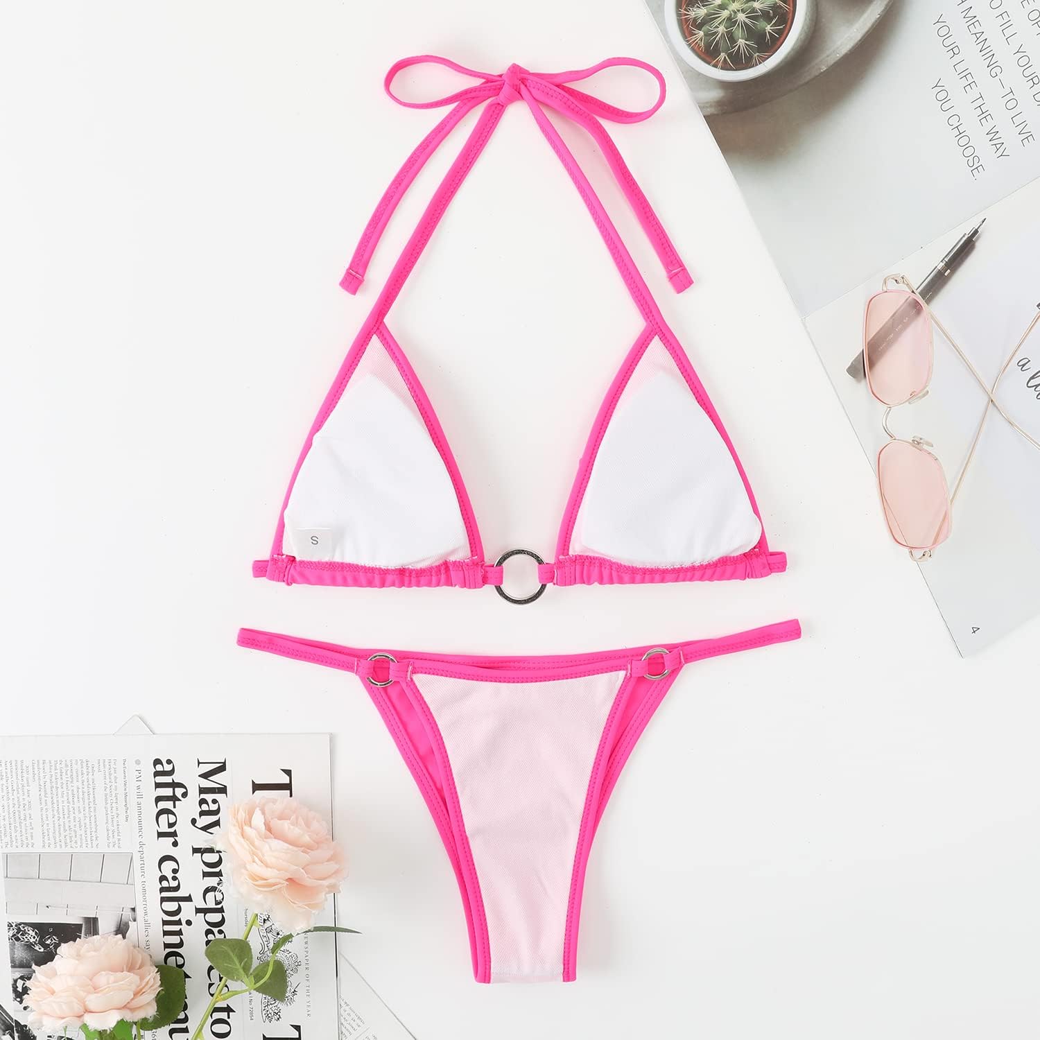 Women's Sparkly Rhinestone Halter Triangle O Ring Top String Thong High Cut Bottom 2 Pieces Bikini Swimsuit Set - Image 2