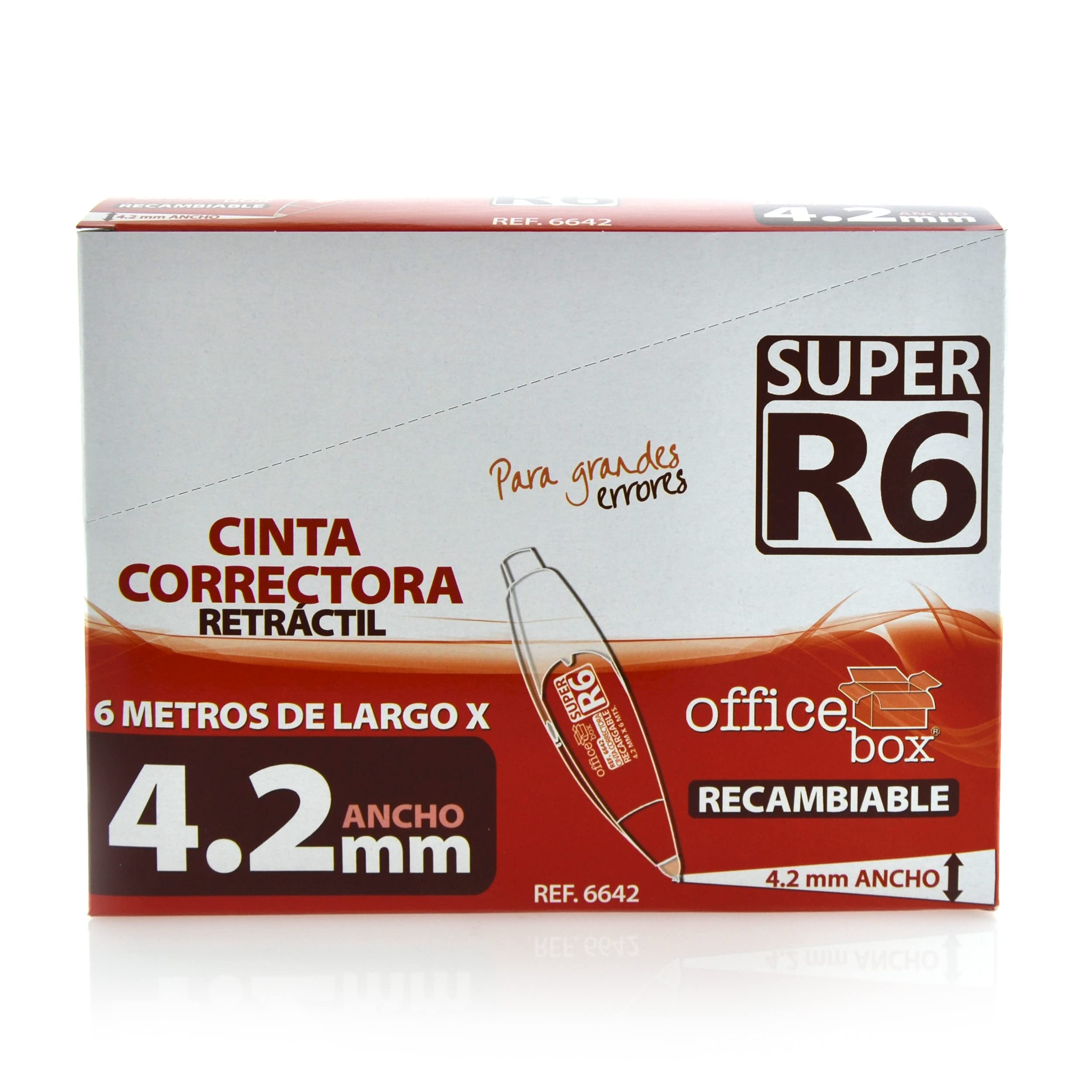 office box Pack 12 Cinta Correctora Retráctil y Recargable SUPER R6-4.2 mm de ancho x 6 Mt. de Largo - by (12 Ud - Corrector 4.2 mm Ancho)