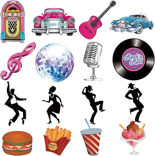 48 piezas de recortes de decoración de los años 50 Rock and Roll decoraciones y suministros de fiesta de los años 50, decoraciones de fiesta de los