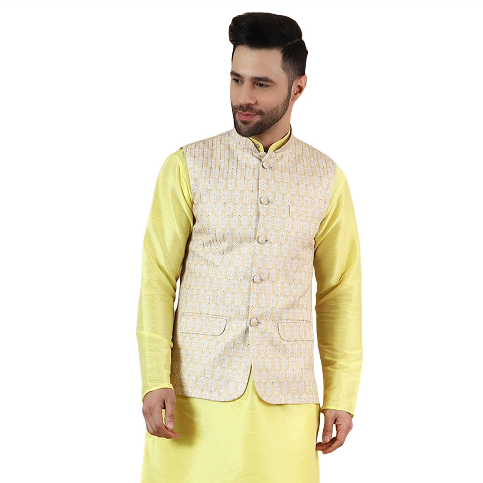 wintage Men's Digital Print Cotton Silk Yellow Modi Nehru Jacket-picture-42