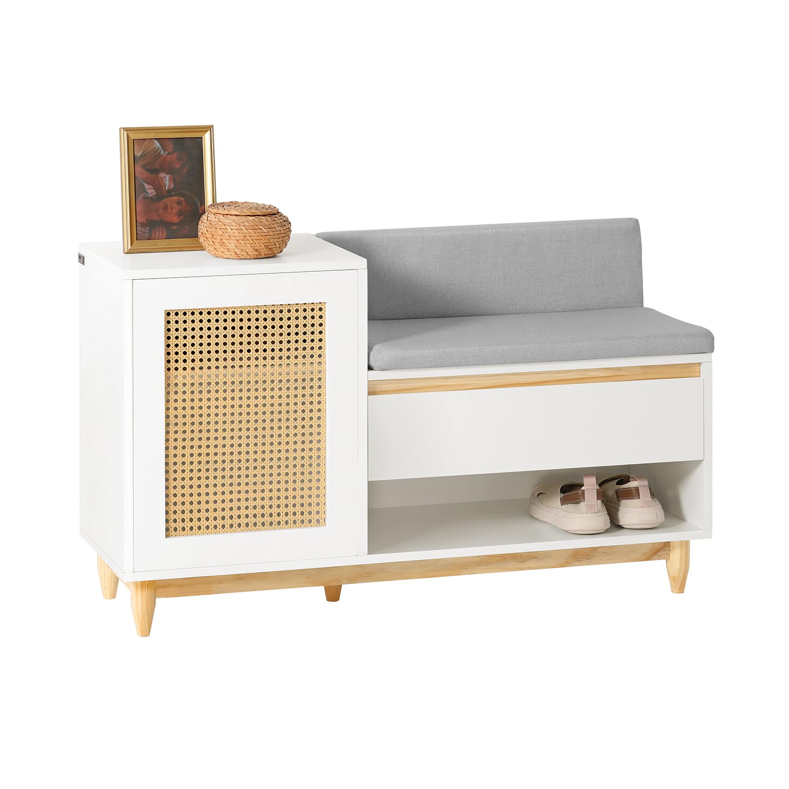 SoBuy FSR128-W Banco Zapatero con 2 Estantes, 1 Cajón y 1 Puerta Entrada Recibidor con Cojín Acolchado de Asiento, Madera de ingeniería, 100 x 35 x 60 cm ES