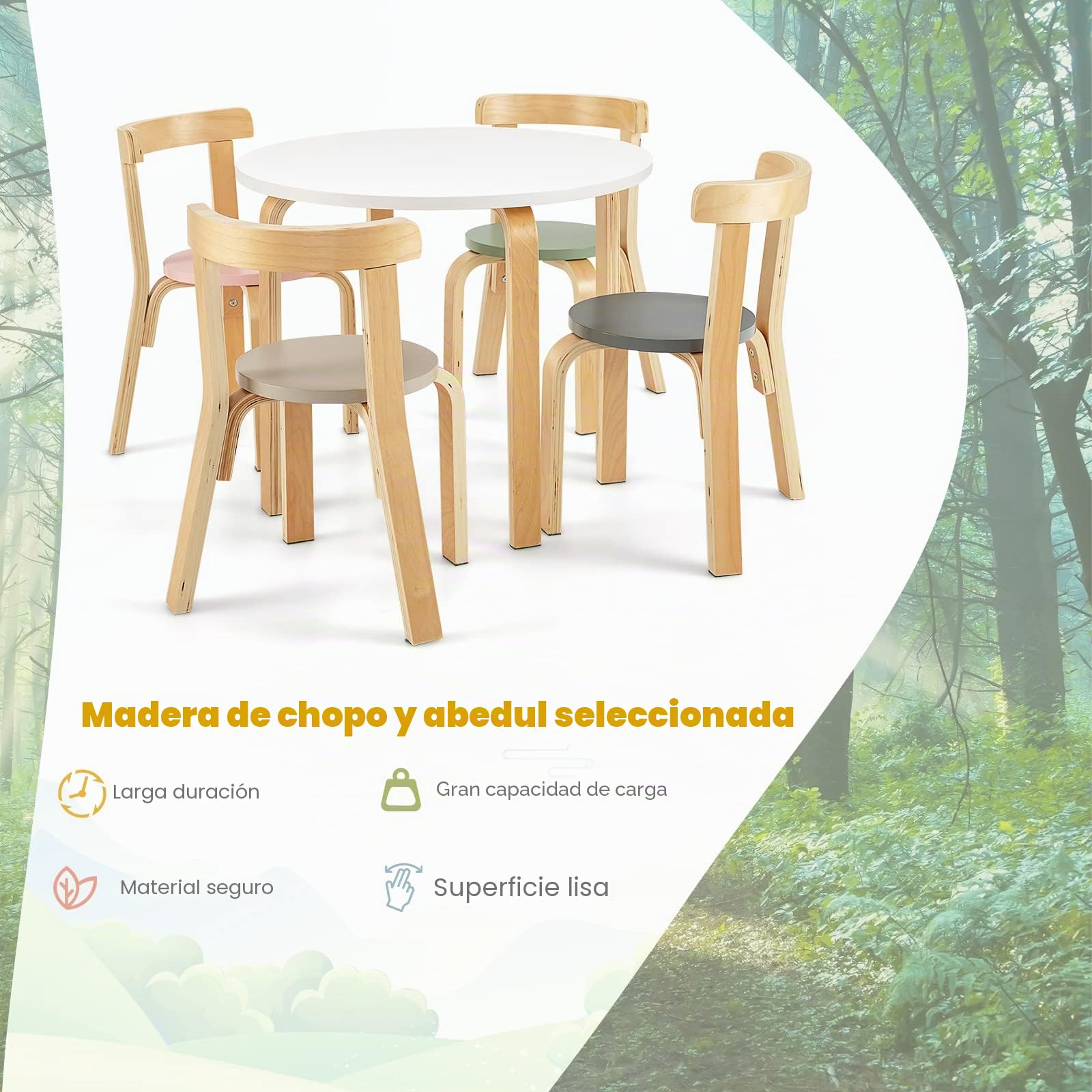 RELAX4LIFE Juego de muebles de 5 piezas, mesa de actividades y 4 sillas infantiles de madera para escuela, sala de juegos y dormitorio, +4 años