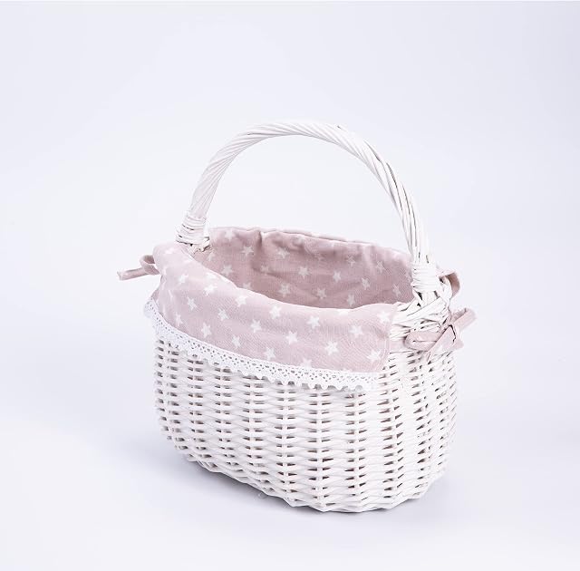 Cute Lovely Natural Wicker Basket with Handle with Liner Toy Shopping Basket Gift Hamper Nursery Storage Basket Wedding Decoration (White)