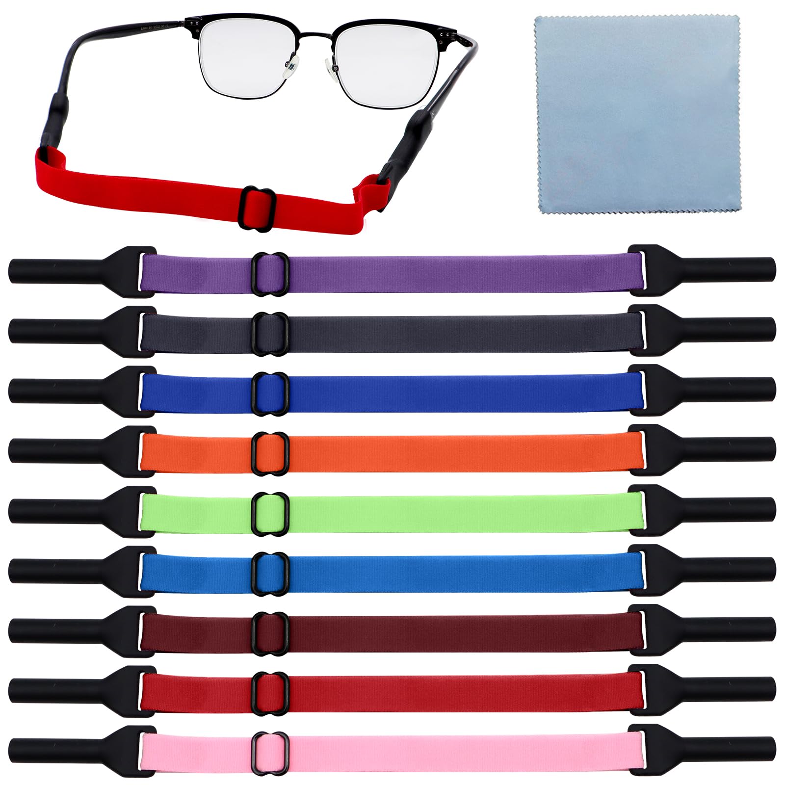ZOCONE 9 Piezas Cordon Gafas Ajustable para Gafas Deportivas con Paño Gafas, Silicona Elástico Deporte Gafas Correa Cordones Gafas Hombre, Antideslizantes Cinta Gafas Deporte Sujetar Gafas Deporte