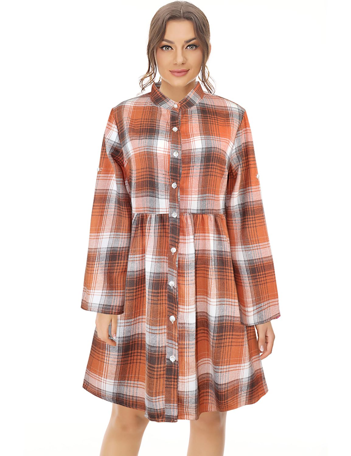 FANCYINN Abito a Camicia a Quadretti da Donna Manica Lunga abbottonata Top Mini Abito Scozzese a Tunica Casual