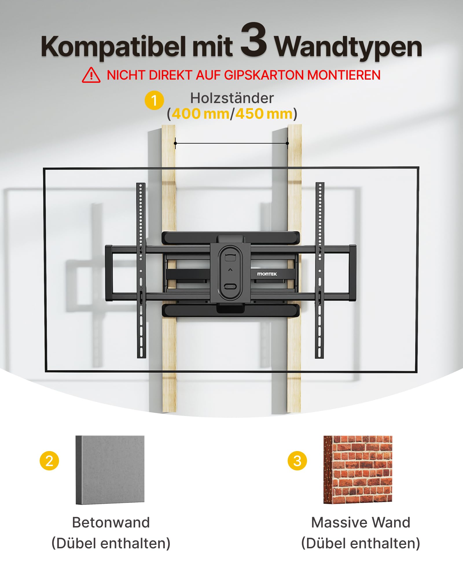 monTEK Soporte TV de Pared 60~100", VESA 800×600mm máx. Carga Máx.60kg | Soporte De Televisor De Pared, Soporte De Pared,Brazo Articulado,Inclinación,Rotación,Placas de pantalla/Incurvés