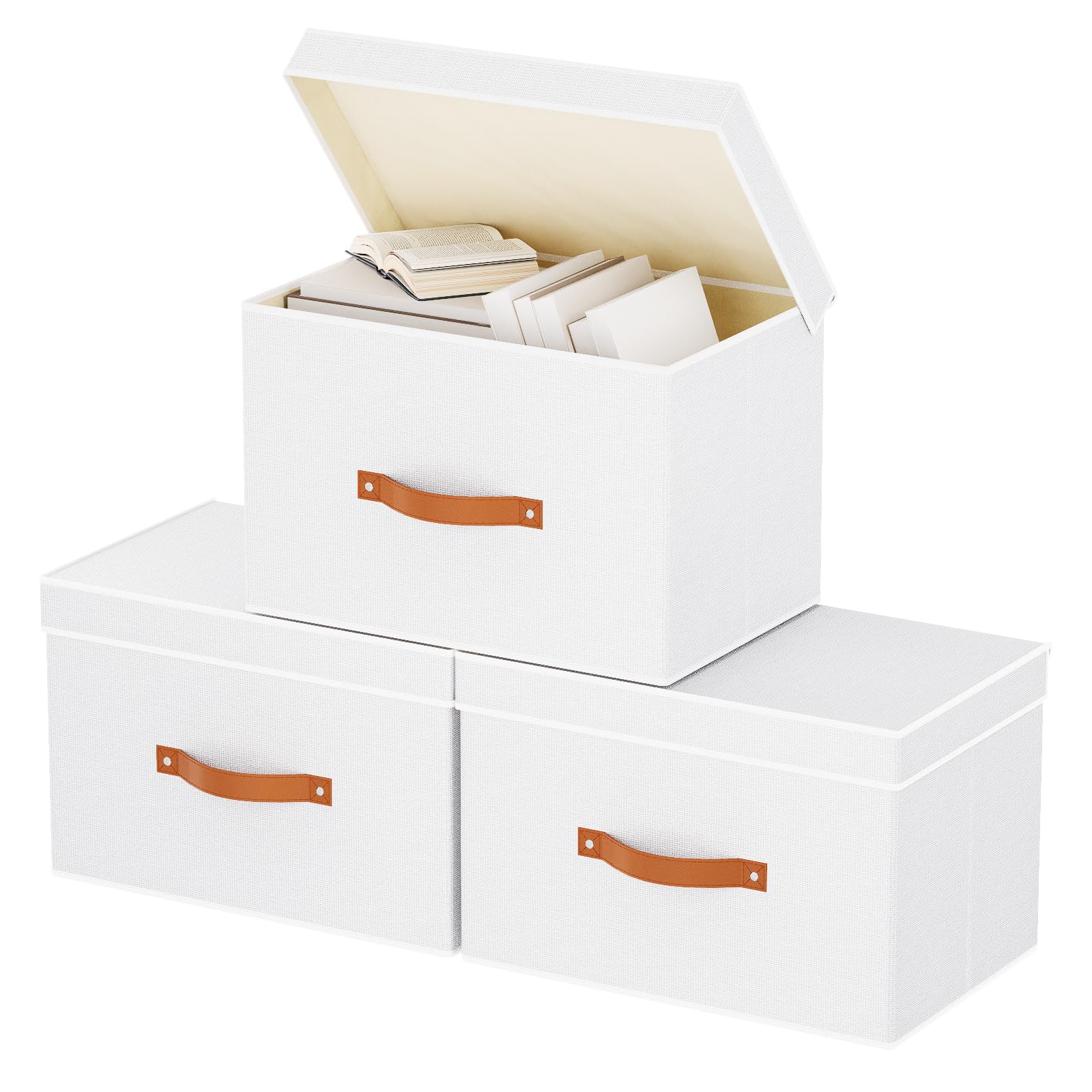 YheenLf Cajas Almacenaje con Tapa, Set de 3 Plegable Cestas Organizadoras con Asas, Caja Almacenamiento Ropa para Libros, Mantas, Sábanas, Blanco, 33×23×20 cm