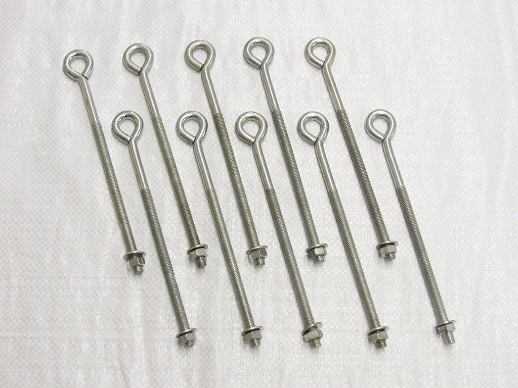 x10 M8 X 300MM Zinc Plated Folded Straining Eyebolts Nut & Washer - Wire Support Fencing Straining