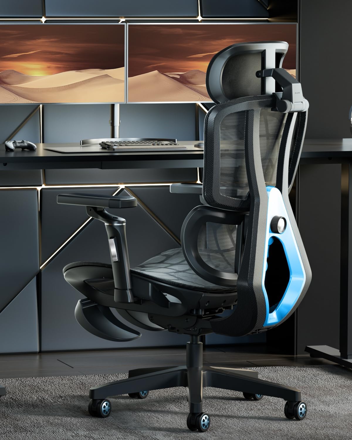 AutoFull G5 Ergonomic Office Chair with 6D Lumbar Support, 360° Adjustable Armrest, Reclining Computer Mesh Chair with Footrest, Blue