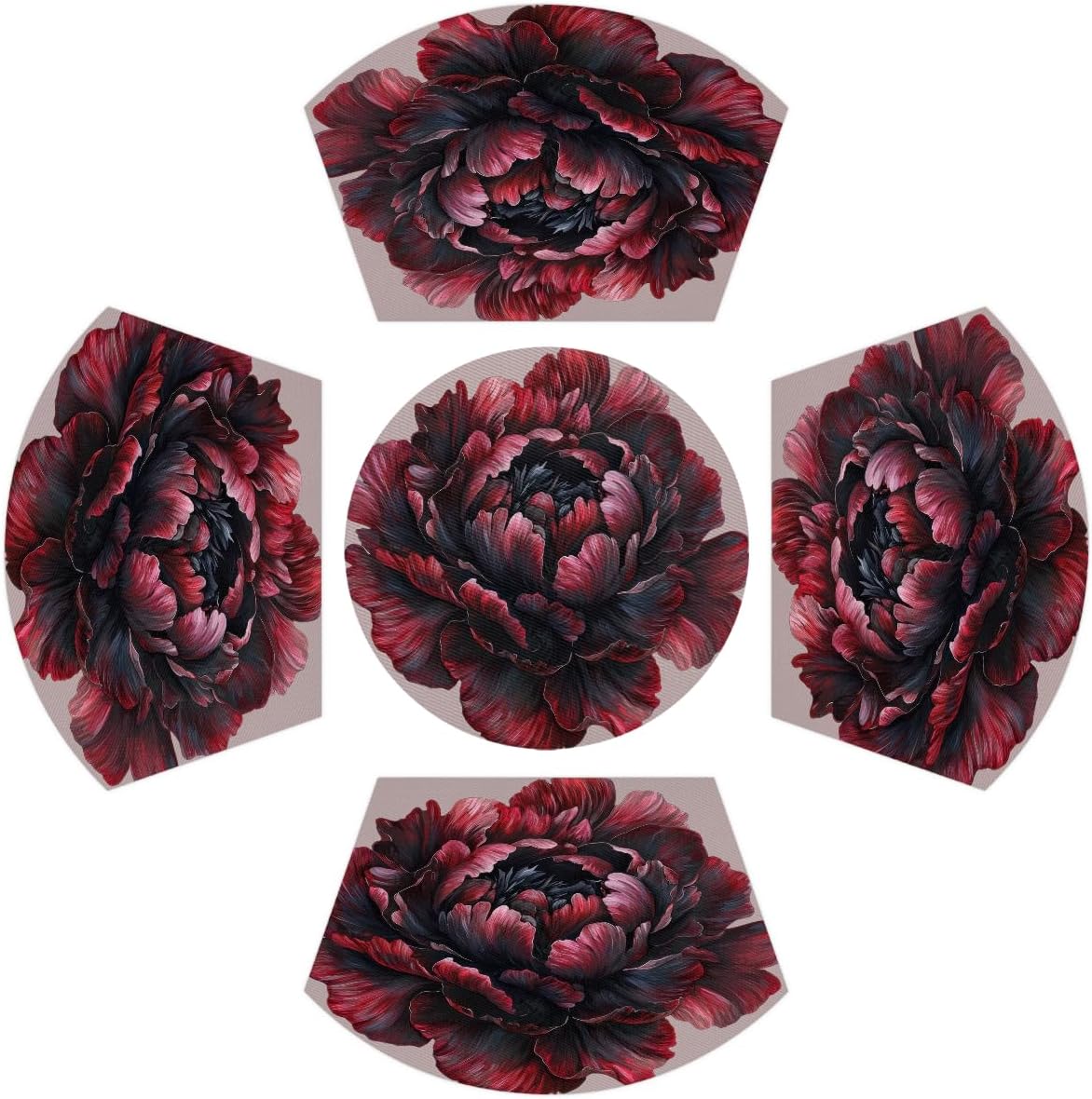 Vintage Peony Flower Wedge Placemats Set of 4+1pcs PVC Washable Wedge Place mats Round Table mat Wipeable Plastic Dining Table mats for Kitchen Indoor Outdoor Patio Table Decor