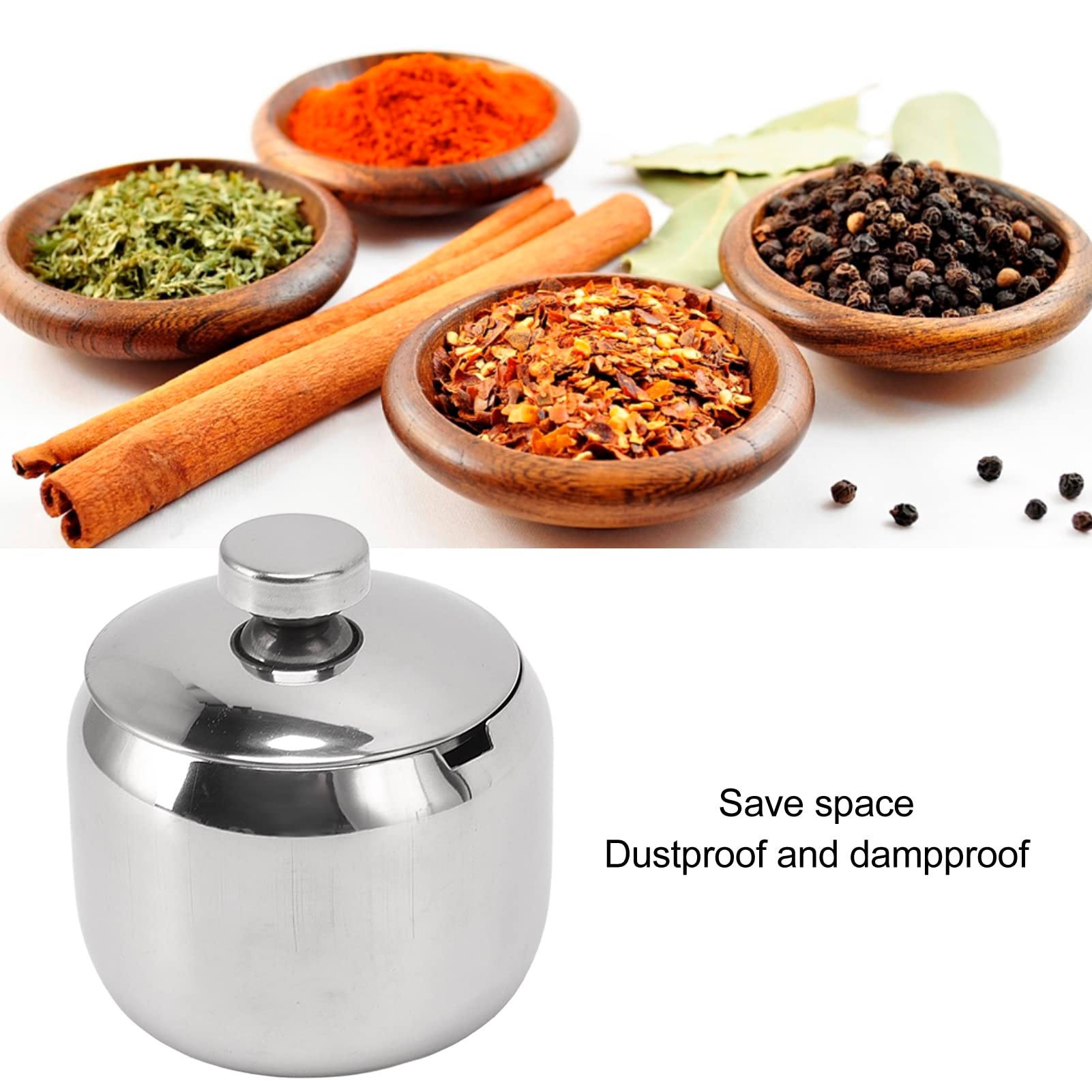 Jwthee Stainless Steel Sugar Bowl with Lid, Sugar Container with Lid, Spice Jars for Salt, Coffee, Coffee Seasoning Jar Condiment Pot Spice Container Canister