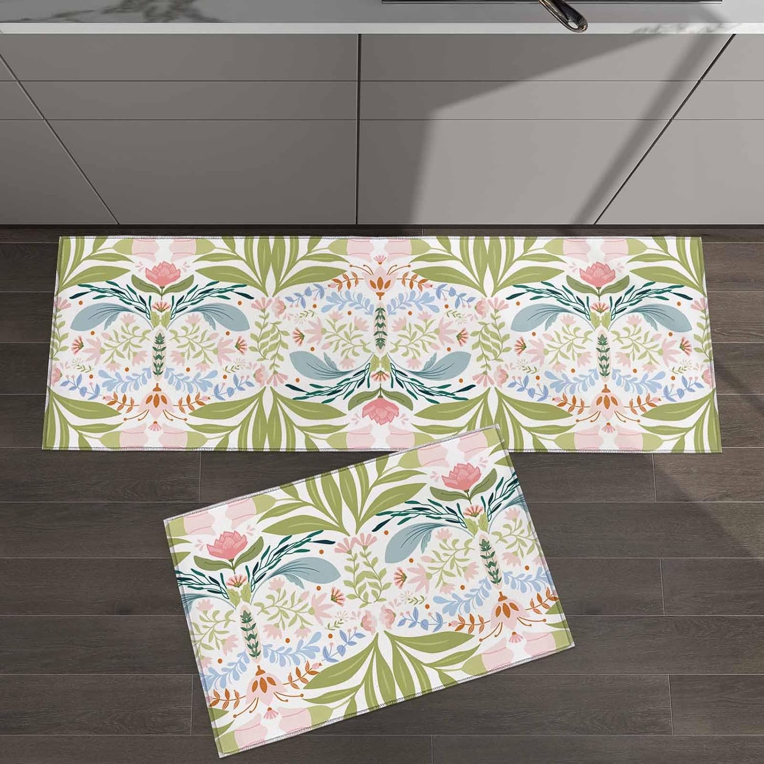 2 Pieces Kitchen Rugs and Mats,Retro Watercolor Flower Leaf Area Runner Rug Set Non Slip Floor Doormat Washable Carpet Standing Mat for Kitchen Sink Indoor Corridor,Boho Floral Botanical Theme