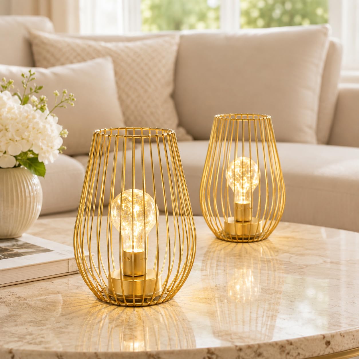 TRIROCKS Set di 2 lampade da tavolo senza fili in metallo, altezza 20 cm, a forma di gabbia, alimentate a batteria, per interni ed esterni, per Natale, giardino e matrimoni (oro)