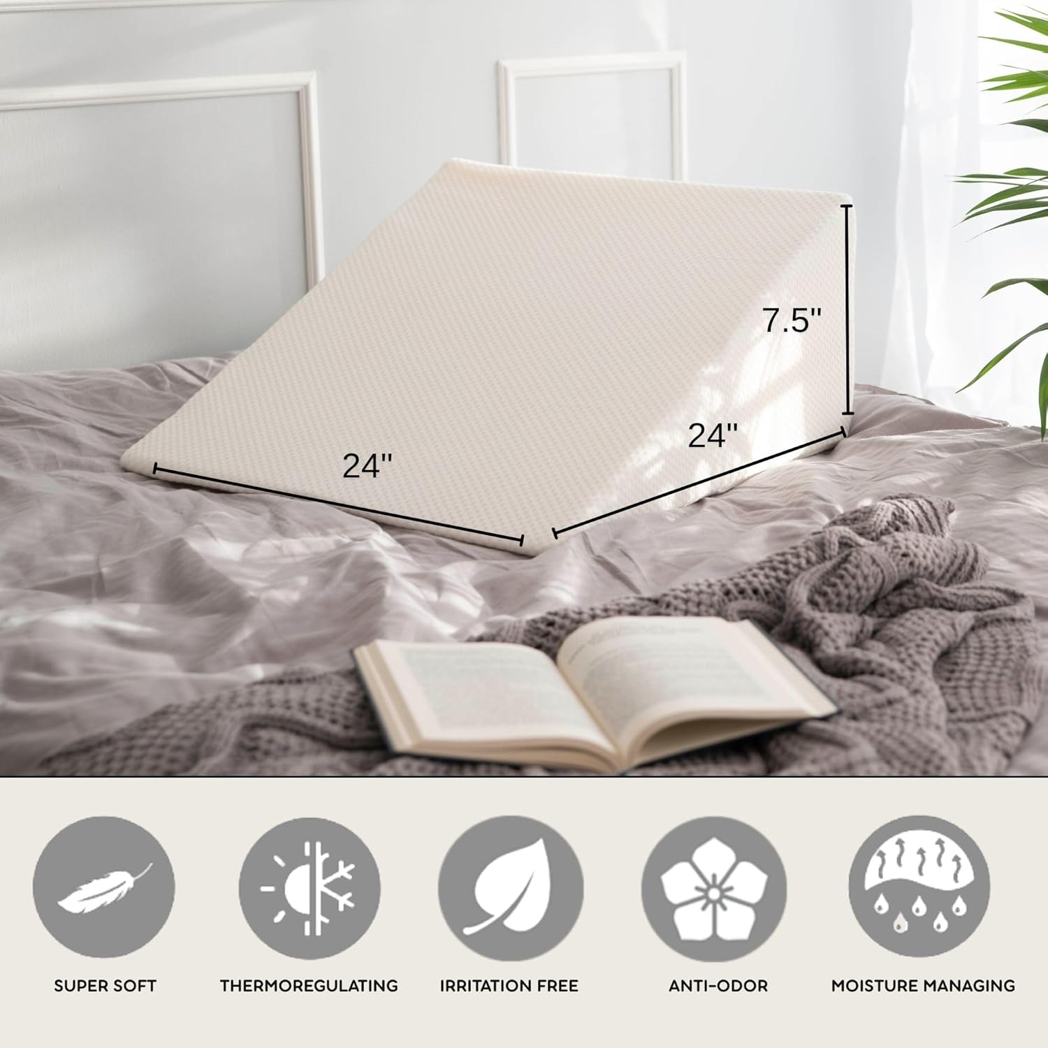 Bamboo Viscose Top Layer Wedge Pillow Case Cover 24" L x 24" W x 7.5" H, Moisture-Wicking, Cooling and Breathable Wedge Pillow Cover with Zipper