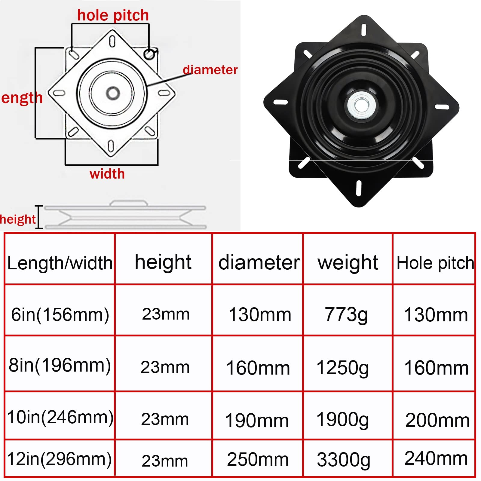 Base girevole con piastra orientabile, Cuscinetto for giradischi girevole a 360 gradi da 6-12 pollici nero for sedie girevoli e bar(8inches)