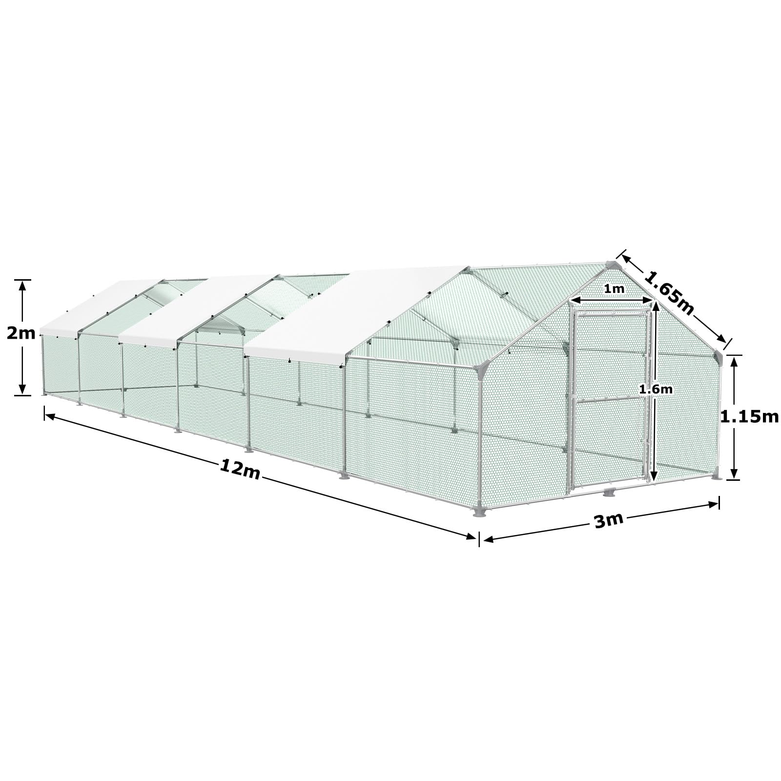 YRHome Kurnik 3 x 12 x 2 m ze spiczastym dachem domek dla kurników z drzwiami, 36 m²
