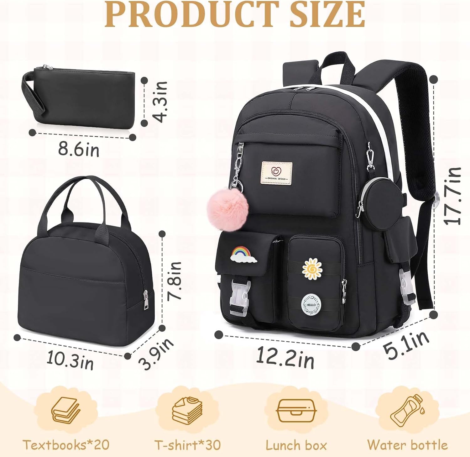 School Backpack For Girls - 6pcs Cute Girls Backpack With Lunch Box Set For Teens Women College Middle High School - 18″ School Bookbag Travel Back Pack