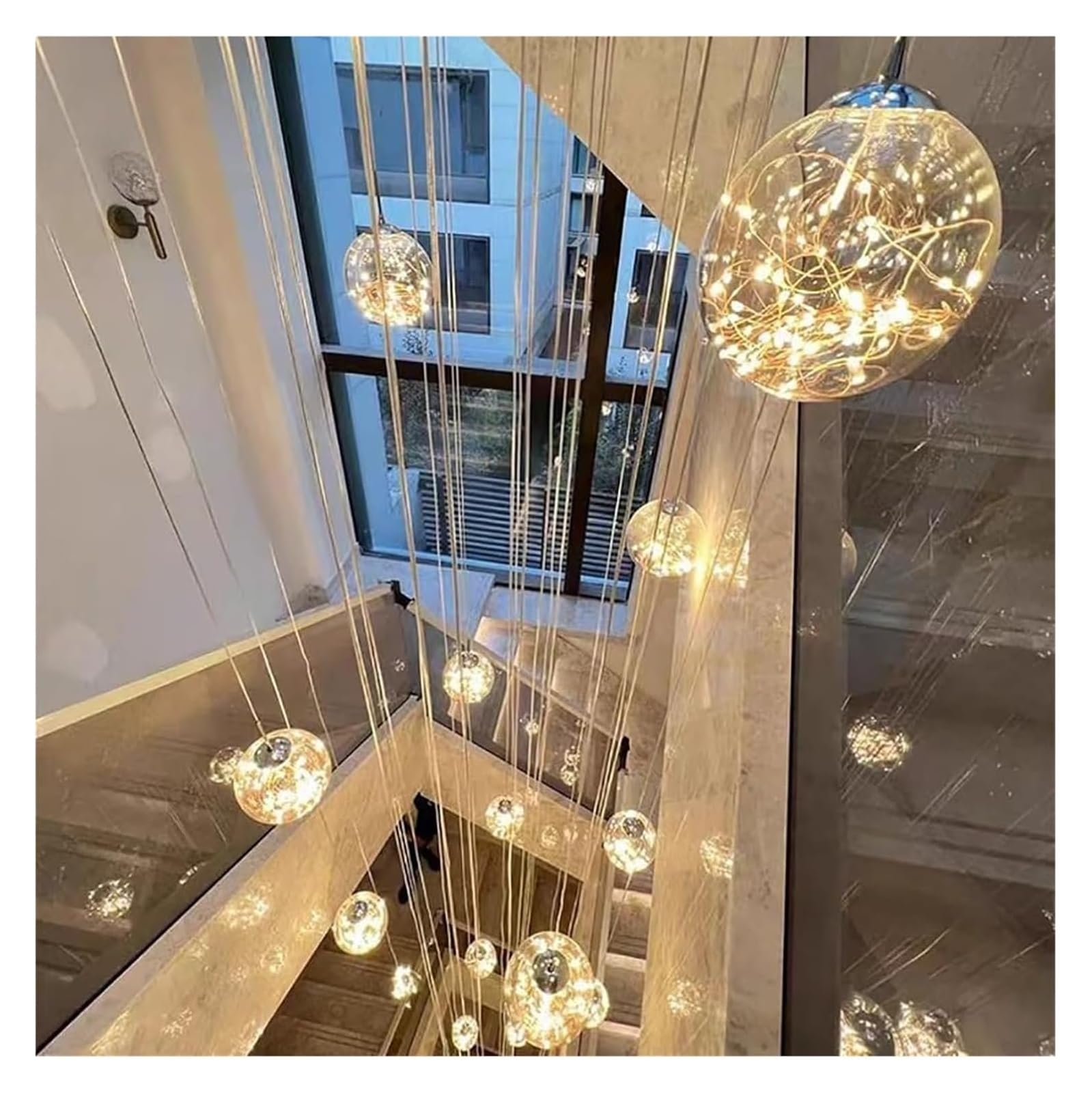 Villa żyrandol sufitowy, duży żyrandol, lampa wisząca LED na schody, idealna do wysokich sufitów, lustrzana podstawa ze stali nierdzewnej, ręcznie dmuchana szklana kula, wysokość
