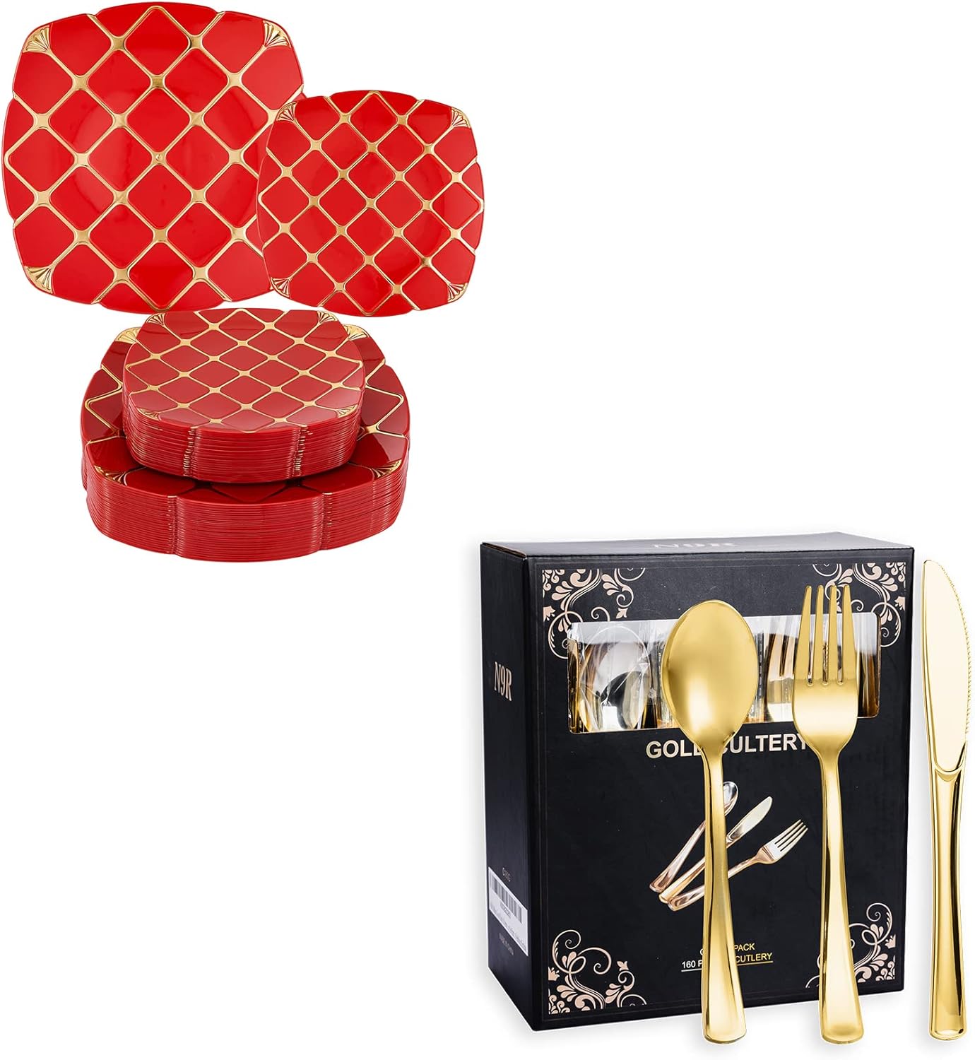 N9R 50pcs Red Plastic Plates Sets and 160PCS Gold Plastic Silverware Health