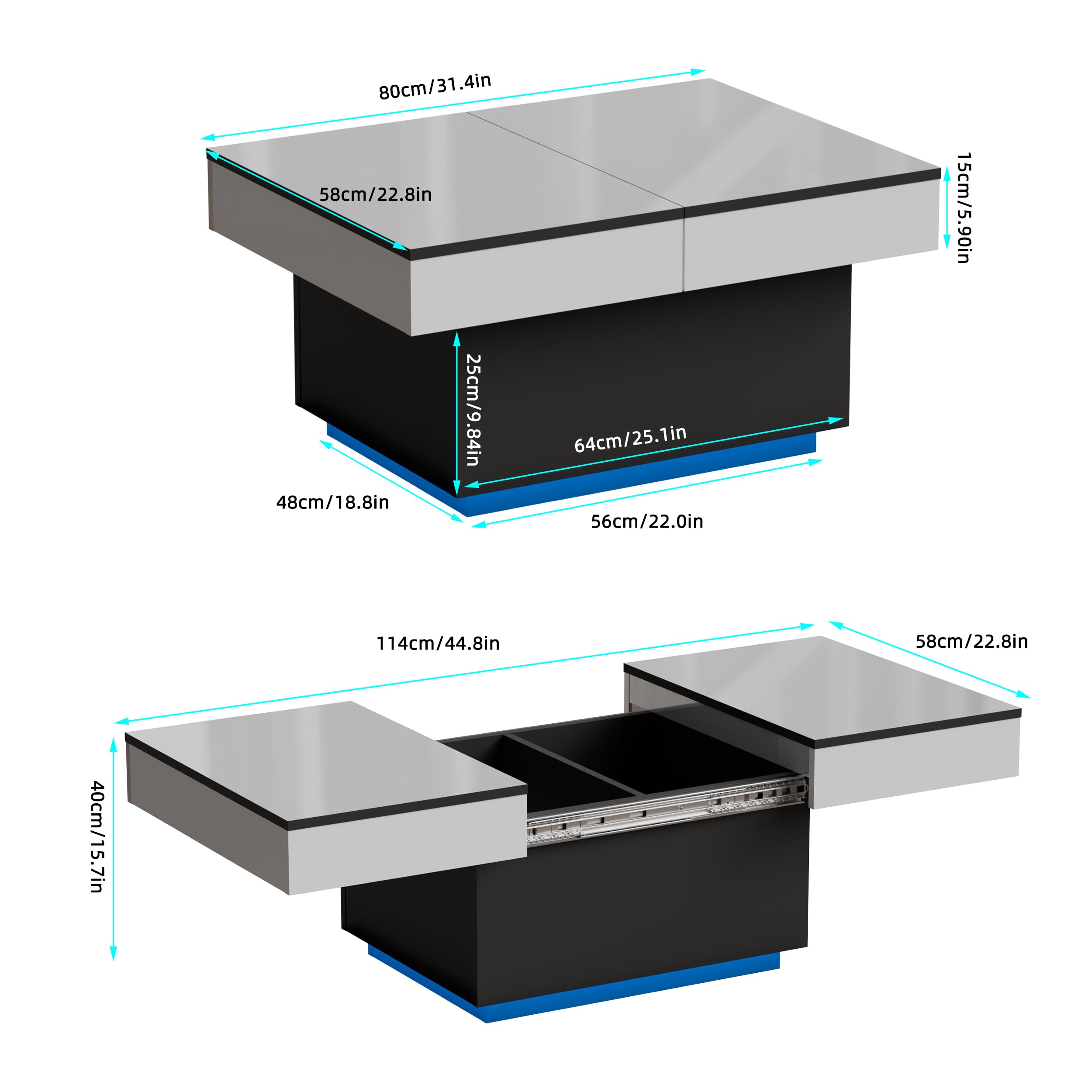 MSFE Table Basse LED Coulissante pour Salon avec 20 Couleurs de Lumières, 2 Espaces de Rangement, Finition Haute Brillance, 80 * 58 * 40 cm