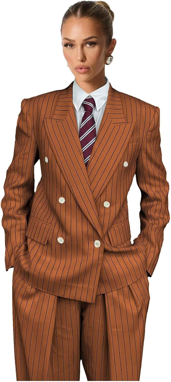 Pinstripe Pant Suits for Women 2 Piece Double Breasted Womens Suit Dressy Peak Lapel Tuxedo for Work Professional