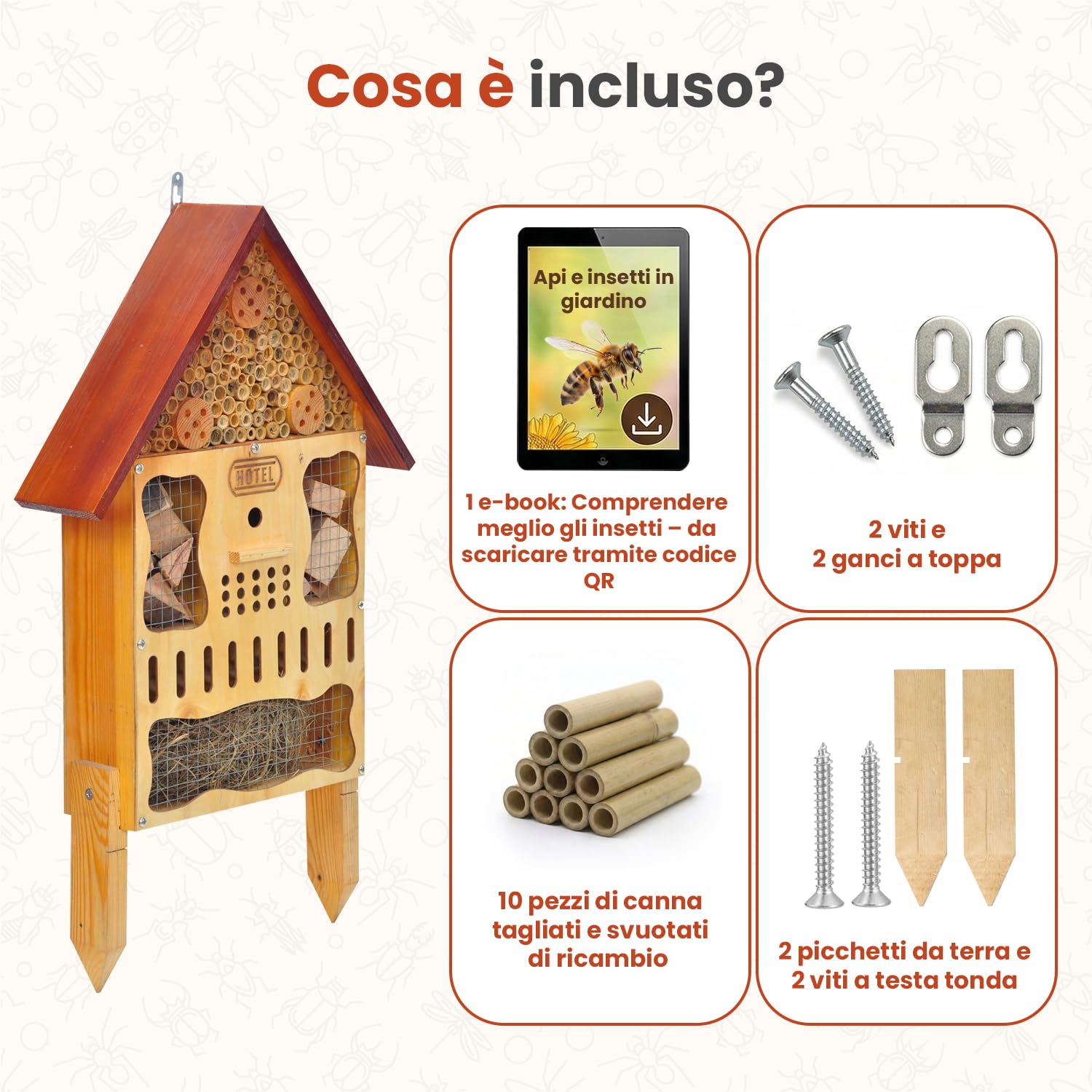 Hotel per insetti grande, resistente alle intemperie, XXL, in legno, con picchetto, da appendere o appoggiare, con piastra frontale rimovibile e piedini