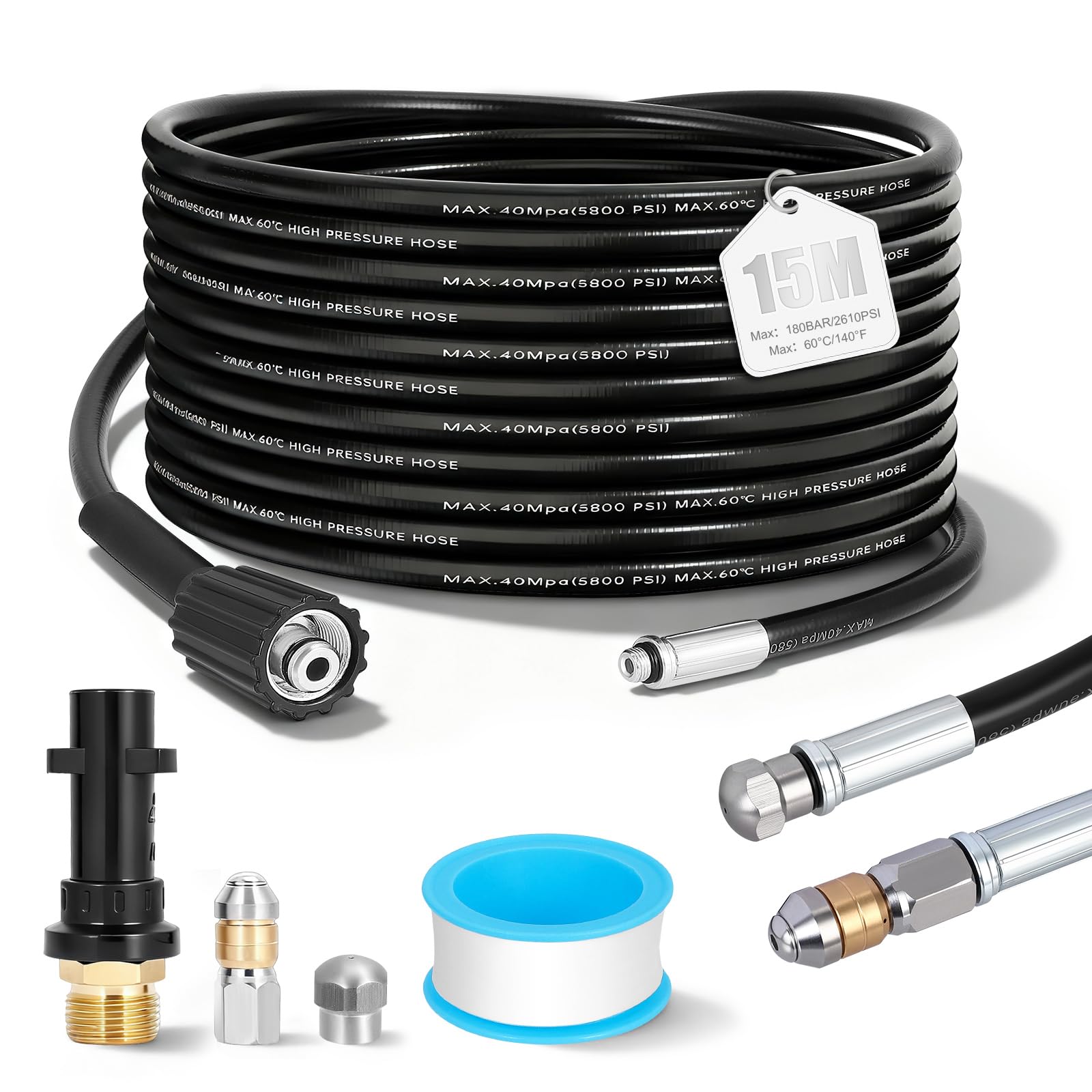 15m Manguera Desatascadora, Sonda Desatascadora de 400 Bar/5800PSI con Adaptador, 2 Boquillas (de Chorro y Giratoria) y 1 Cinta de Teflón, Compatible con Kärcher K2-K7 para Uso Doméstico