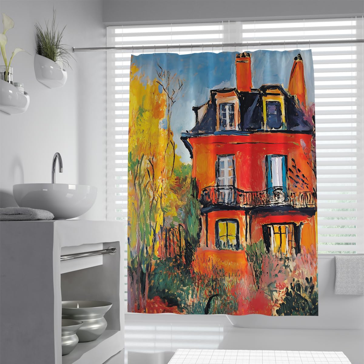 OLLIAR Home Vintage Architecture Bathroom Shower Curtain Modern Contemporary Red House Golden Tree Art Polyester Fabric Shower Curtains for Bathroom Decor 240x180cm