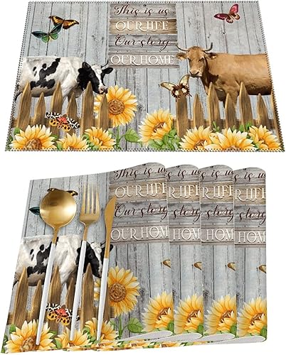 Manteles individuales de verano con girasol de vaca de animales de granja con cita familiar This is Our Life, resistentes al calor, antideslizante,