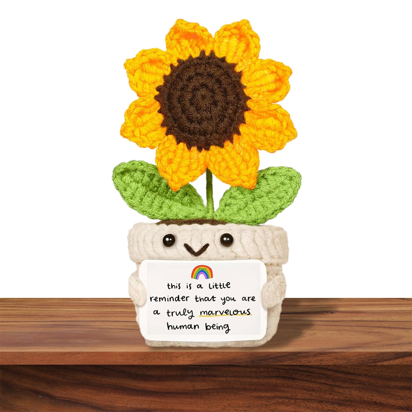 Handmade Positive Sunflower Crochet Doll, 14cm Exquisite Crochet Gifts, Emotional Support Crochet with Warm Greeting Card, Thank You Gift for Colleagues